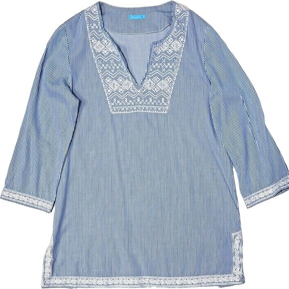 J. McLaughlin Blue Striped Lace Trim Blouse Tunic 3/4 Sleeve Women's Size S (A1) - Picture 9 of 16